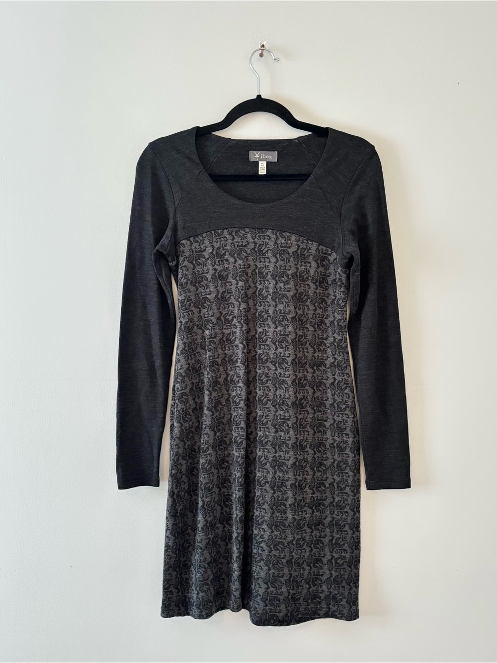 Ibex Juliet Wool Dress Long Sleeve Providence Printed Light Knit Scoop Neck Grey